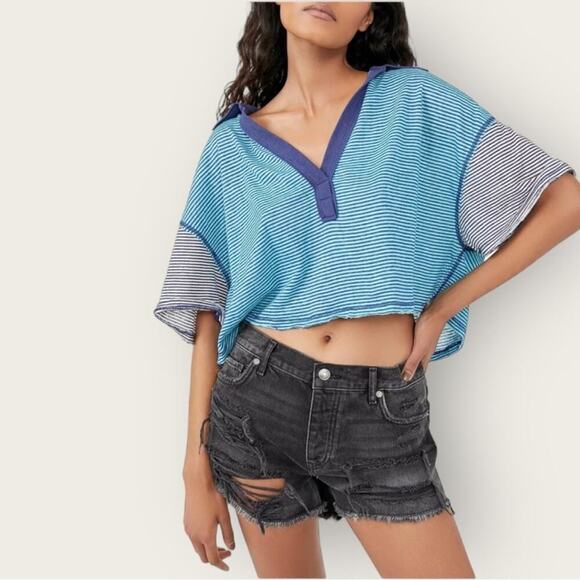 EUC | We the Free | Striped Oversized Crop Top | Blue | Small - Picture 16 of 16